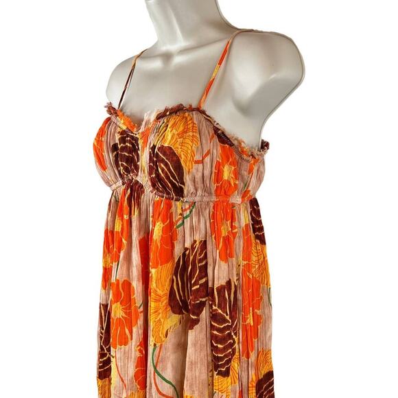 UO Athena Gauze Maxi Dress Floral Print in Orange, Yellow, Brown Women's Medium - Picture 2 of 9